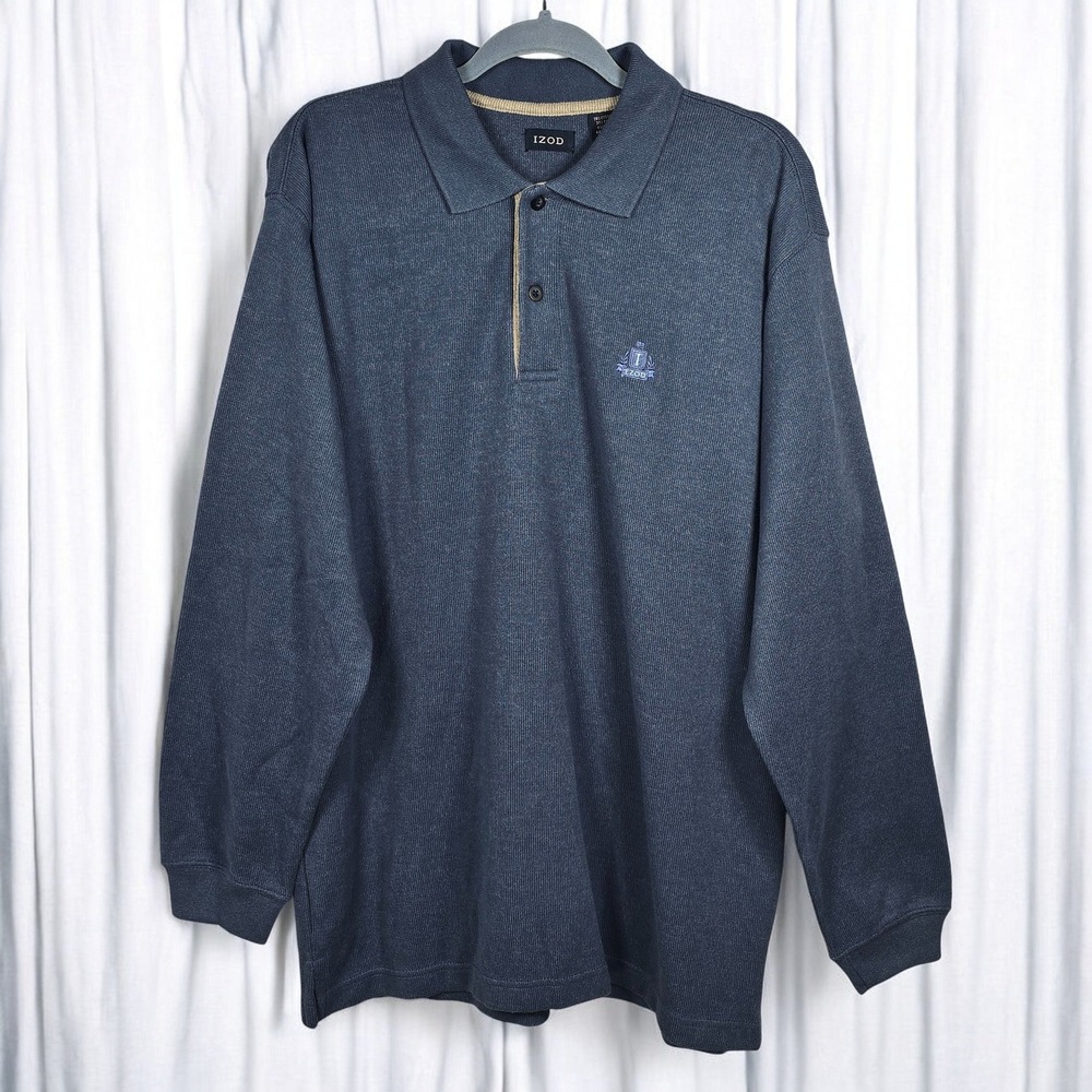 IZOD Long Sleeve Polo Shirt Sweater Men Large‎ Blue Cotton Knit Embroidered Logo